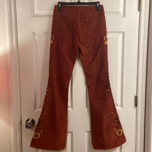 Free People Driftwood Falling Sunflower Farrah Embroidered Cord Flare Jeans - Picture 10 of 10